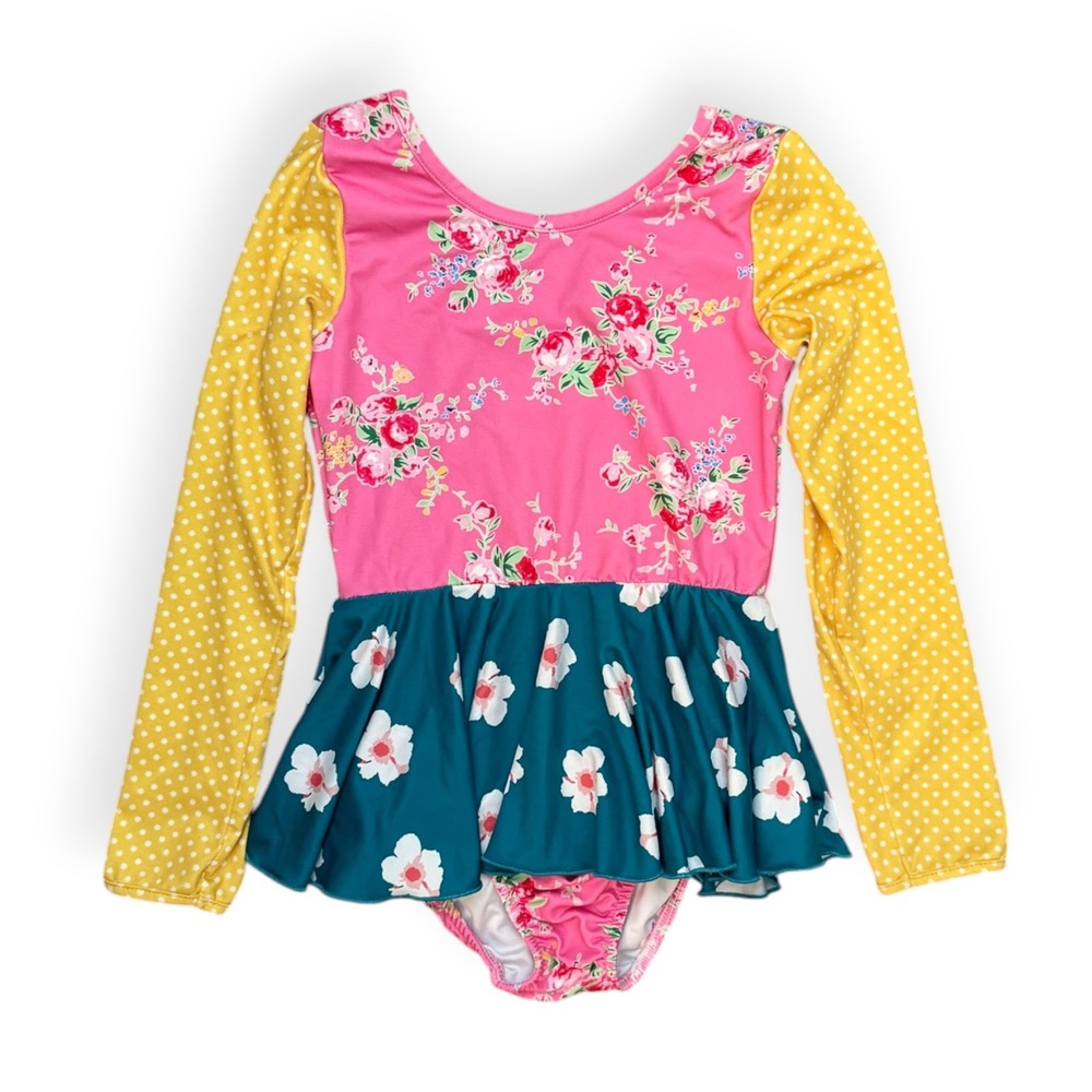 Leo Luvs Girls Size 5 Floral Polka Dot Long Sleeve Skirted Leotard Pink Yellow